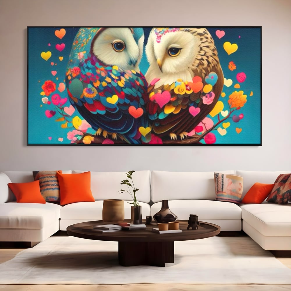 Tablou canvas cu tablou canvas cu doua bufnite colorate si inimi, in rama de aluminiu negru, pe perete intr-un living